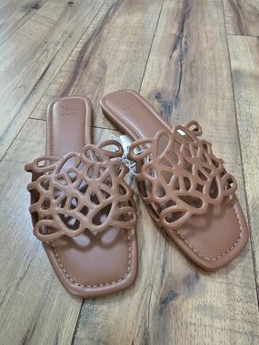 A New Day Brown Slide Sandals with Decorative Cutout Upper